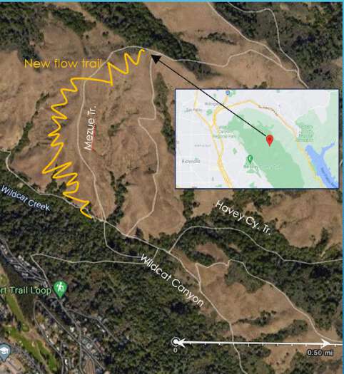 Map of Wildcat Canyon Park with existing trails Mezue and Havey Canyon shown in white, and "New Flow Trail" in yellow, paralleling Mezue but much more twisty.