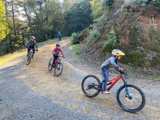 Four mountain bikers, including two young children, riding downhill on a curve